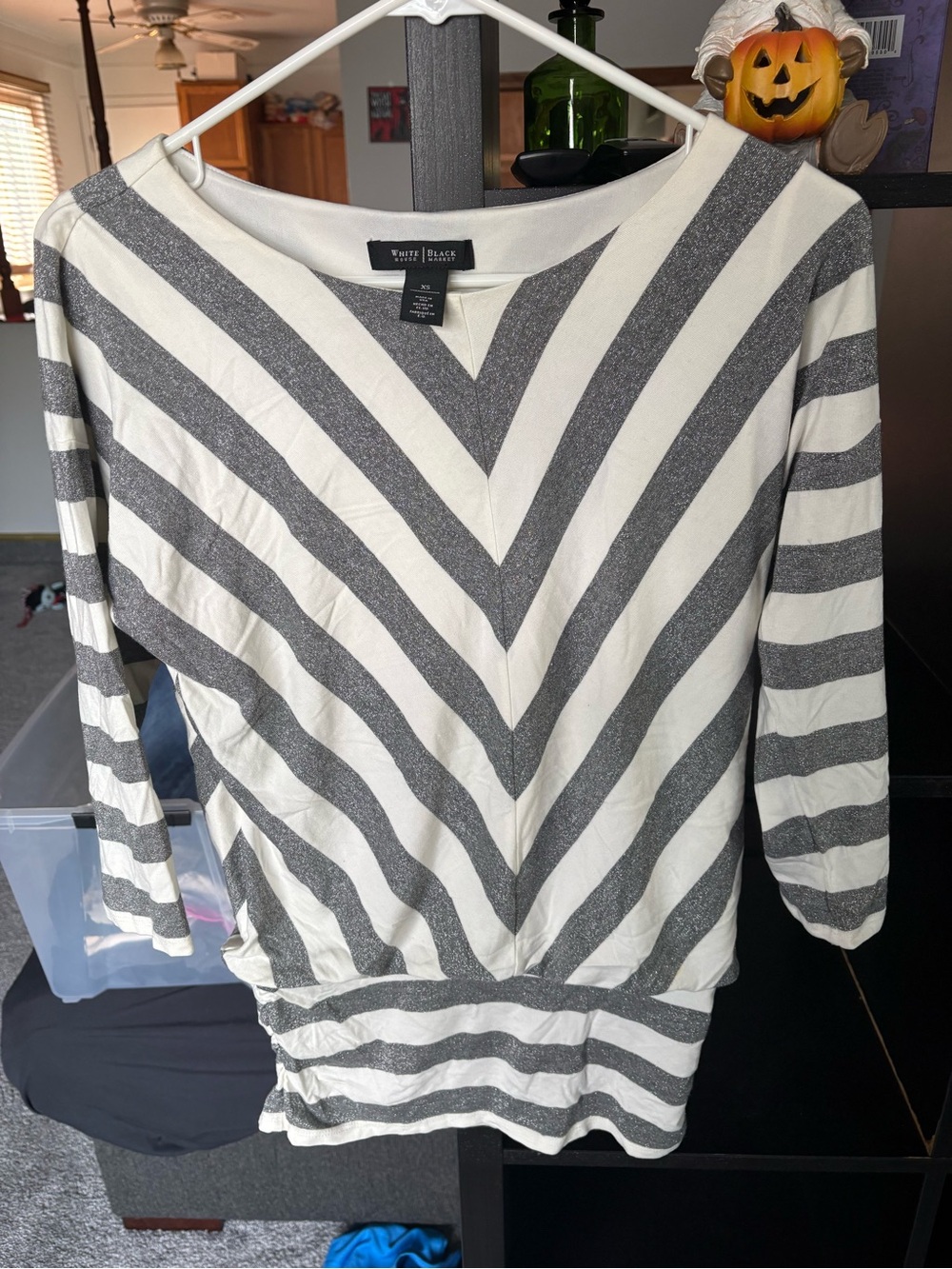 White House Black Market White & Silver Striped V-Neck Dress